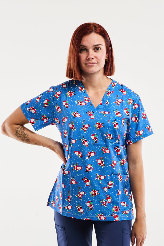 Medizinische Bluse Unisex – Blau Weihnachtsmann-Print