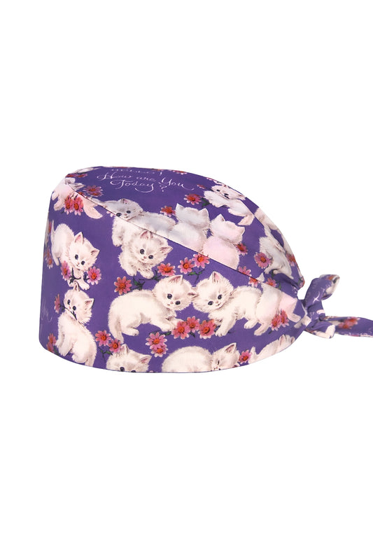 Calot de bloc tissu – `Mauve à motifs chats