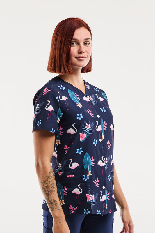 Blouse Médicale Stretch - Femme - Flamants Roses Marine