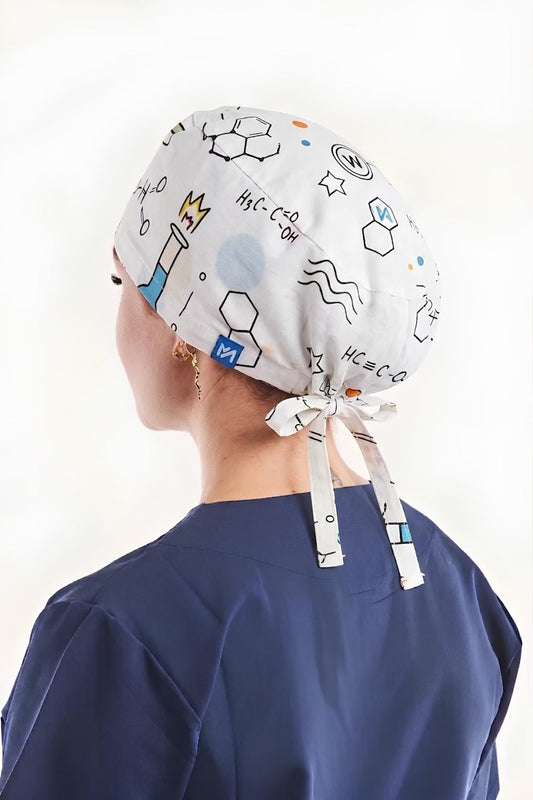 Calot médical Blanc à motifs chimie - Cheveux longs
