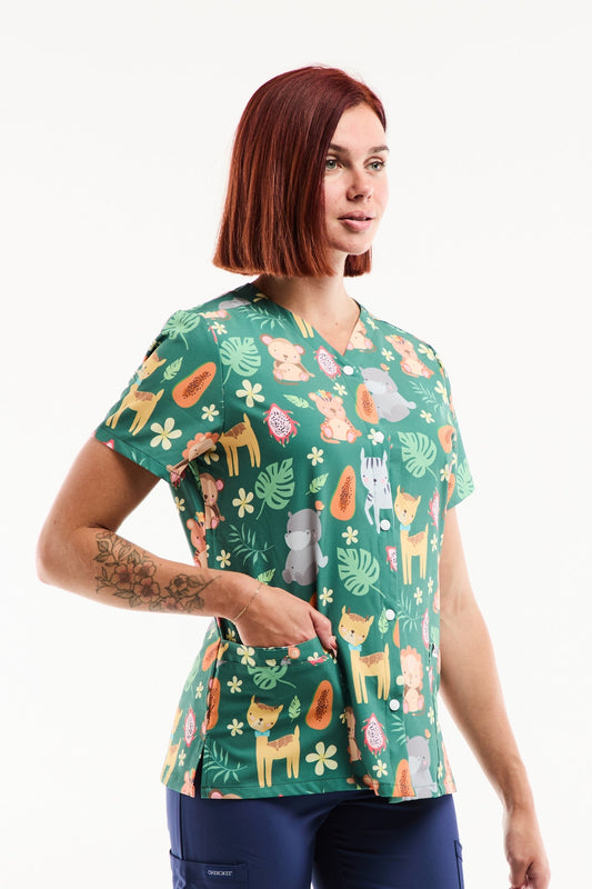 Blouse Médicale Imprimée Jungle – Animaux de la Savane Vert