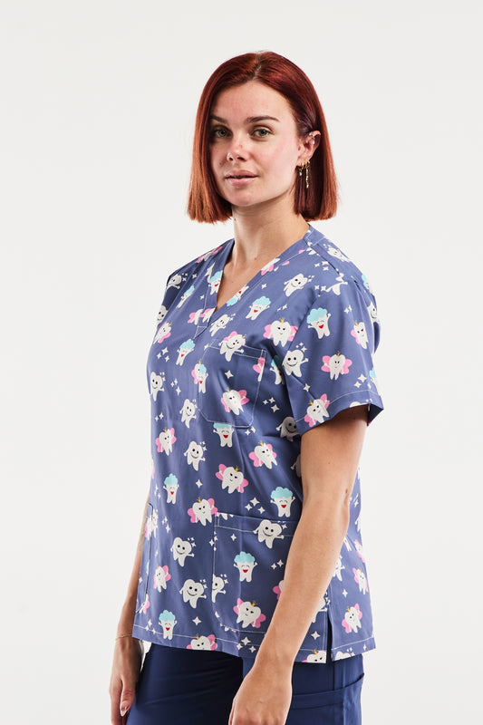 Blouse médicale - Bleu indigo imprimé dents