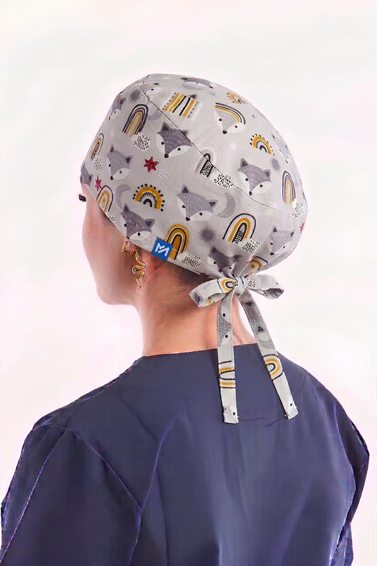 Calot médical Gris à motifs Renard - Cheveux longs