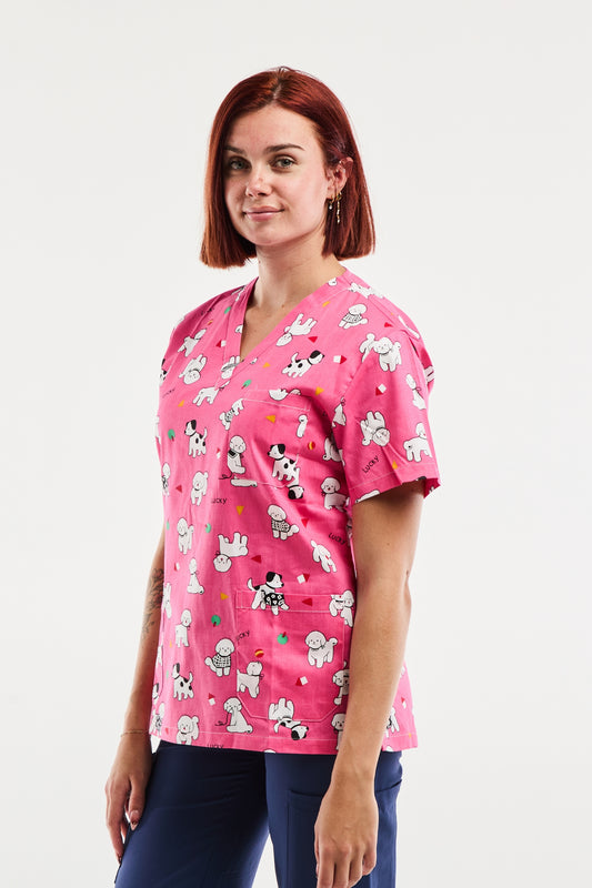 Blouse médicale - Rose imprimé puppy