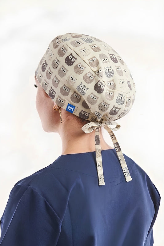 Calot médical Beige à motifs Hiboux - Cheveux longs