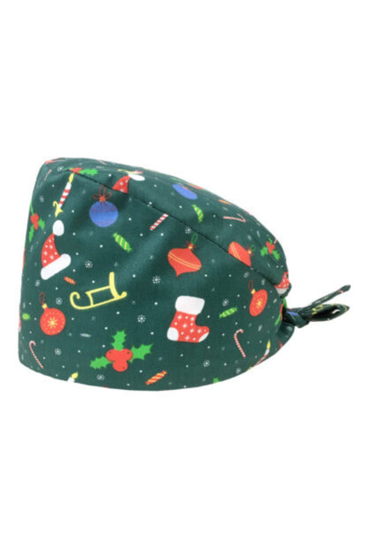 Calot médical de Noël avec motifs sur fond vert, idéal pour un look festif et professionnel