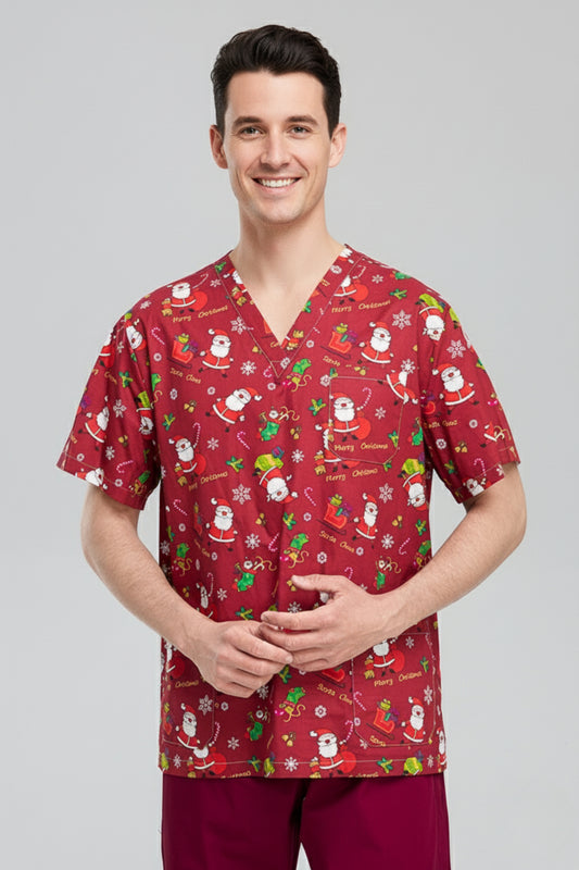 Medizinische Bluse Unisex – Rot Weihnachtsmann-Print