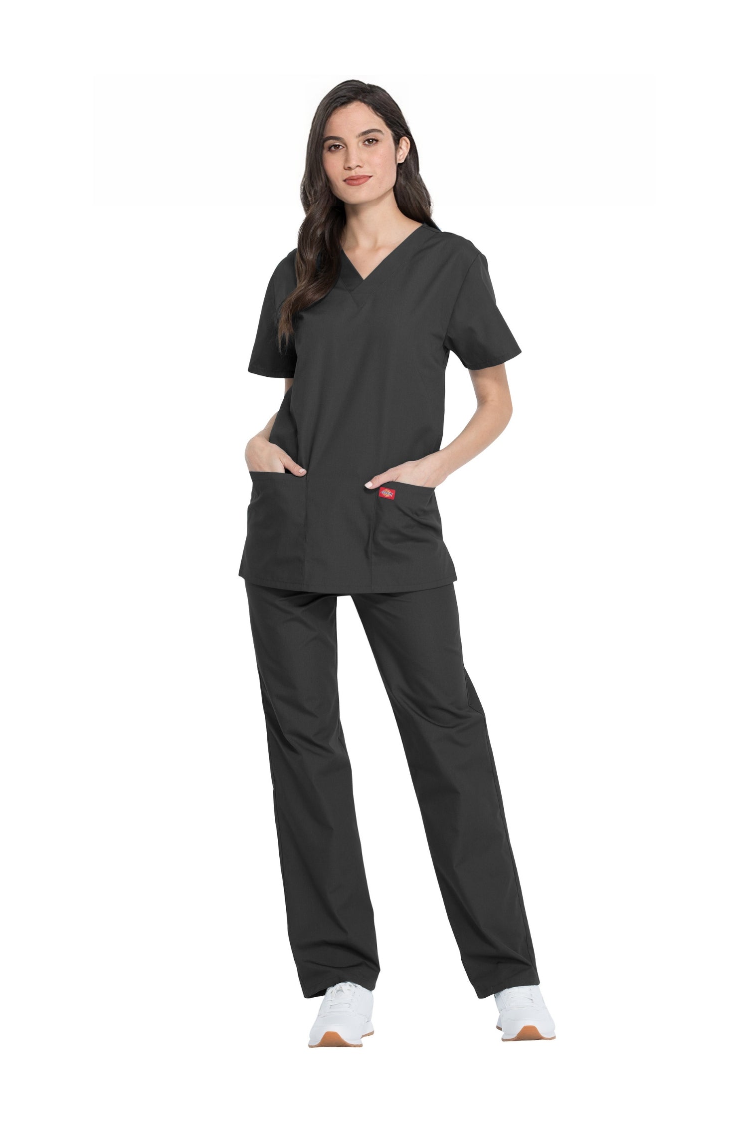 Tenue médicale unisexe en gris foncé, top en V et pantalon assorti de Dickies