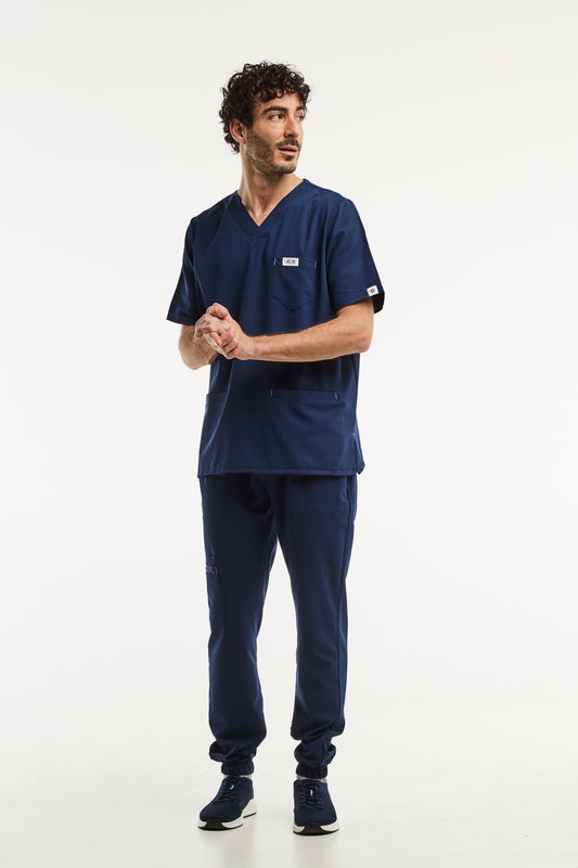 Uniforme médical bleu marine, composé d’une blouse, modèle Slimfit pour homme