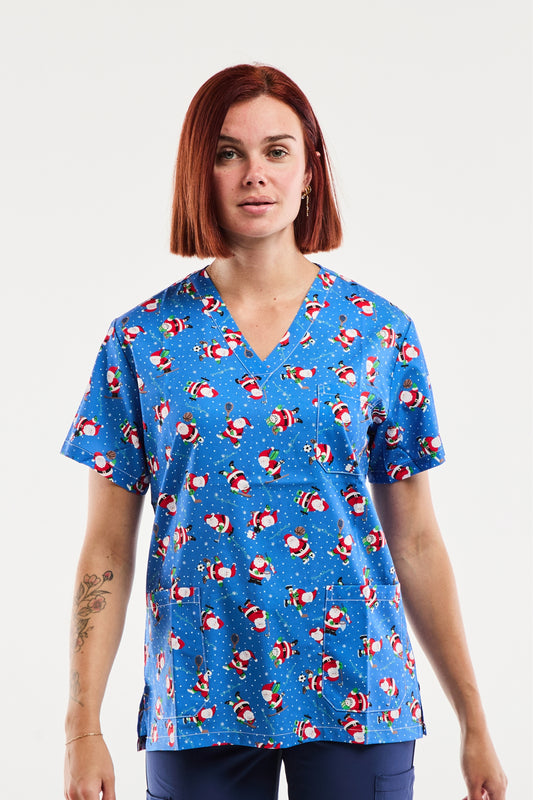 Blouse médicale unisexe - Bleu imprimé père Noël