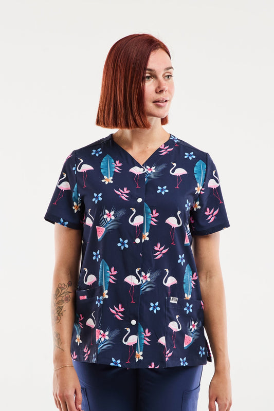 Blouse Médicale Stretch - Femme -  Flamants Roses Marine