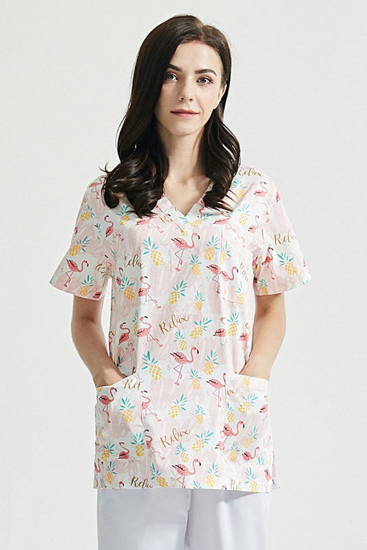 Blouse médicale - Rose clair imprimé flamants