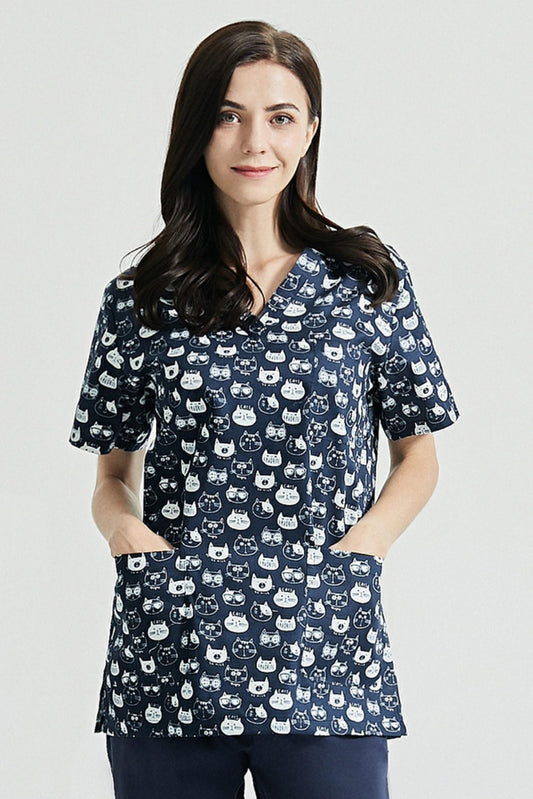 Blouse médicale - Bleu marine imprimé chats