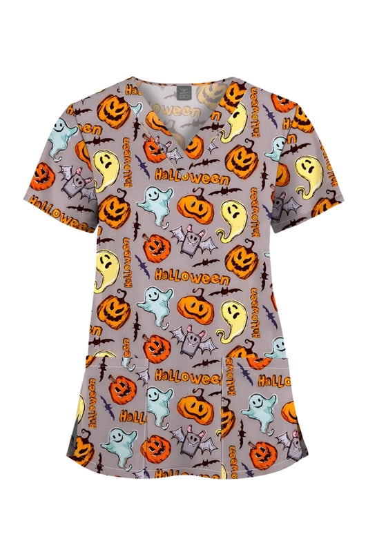 Blouse médicale – Gris à plusieurs motifs Pumpkin Halloween