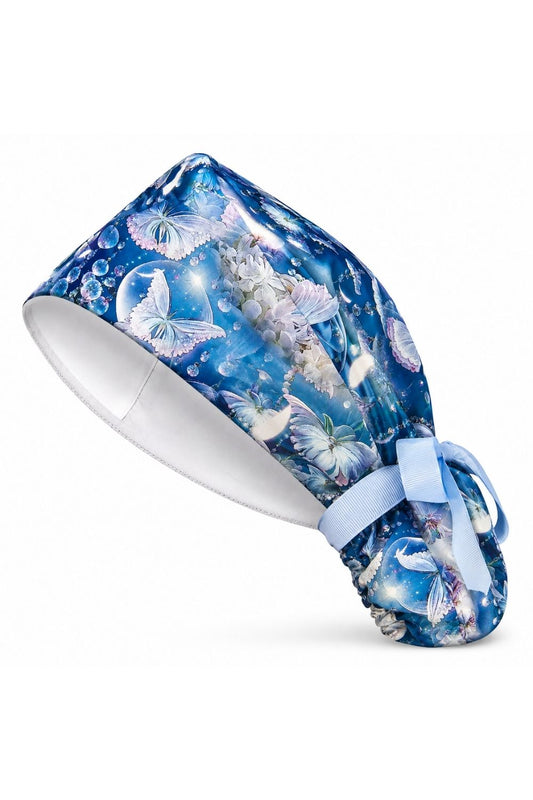 Calot Médical Cheveux Longs Satin – Papillons Bleus