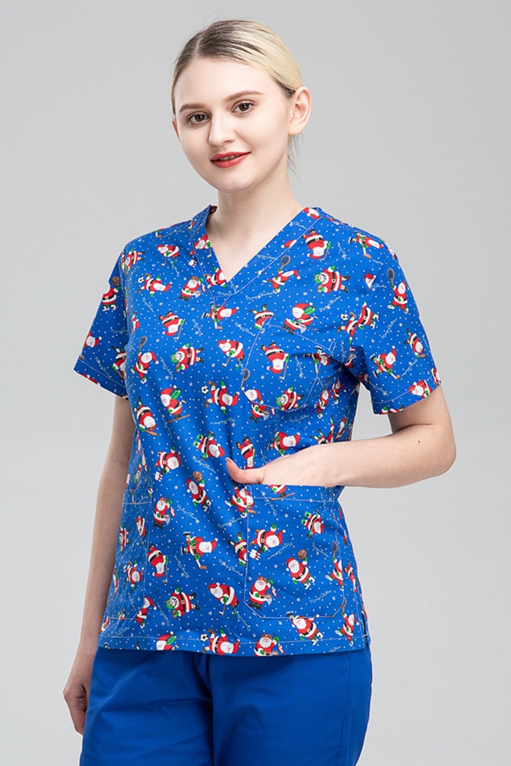 Blouse médicale unisexe - Bleu imprimé père Noël