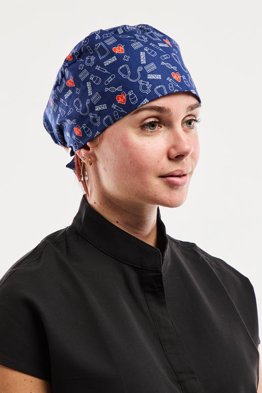 Calot de bloc tissu à motifs – Bleu marine à motifs médicaux "Healthcare Heroes"