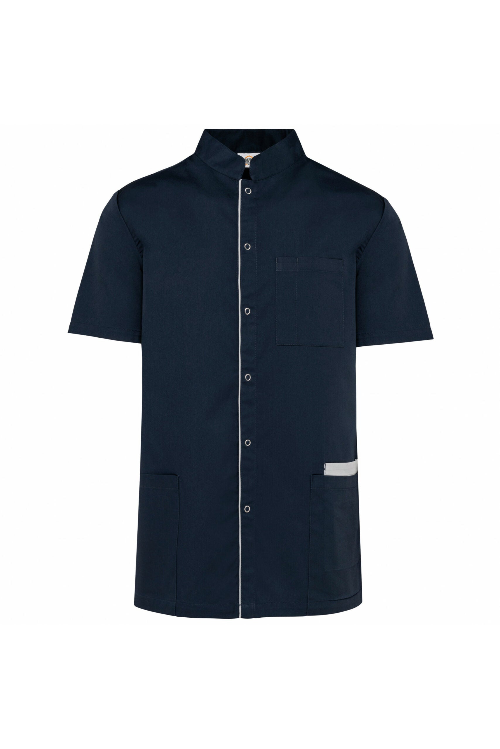 Chemise bleu marine à manches courtes avec coutures blanches, lavage industriel 75°C