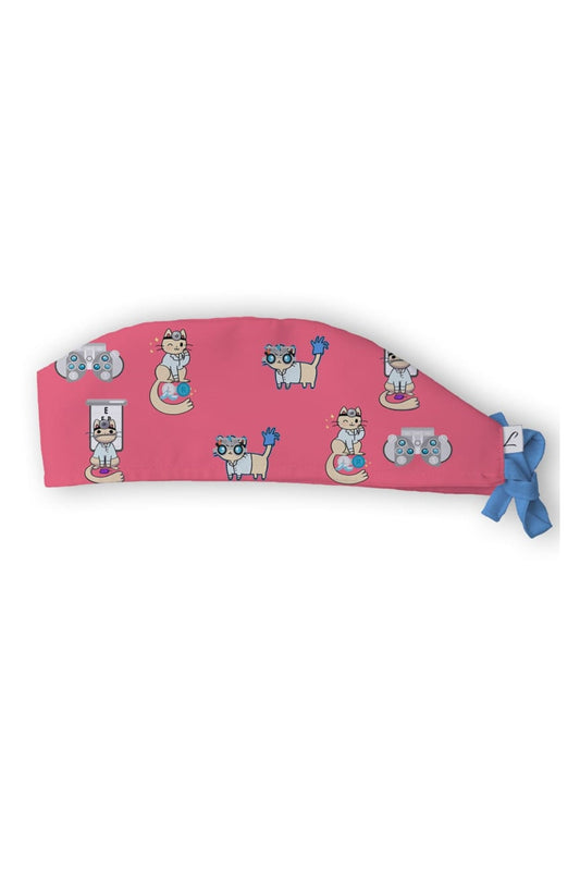 Calot médical Aelin rose à motifs uniques de chat avec lien bleu, style Grey’s Anatomy