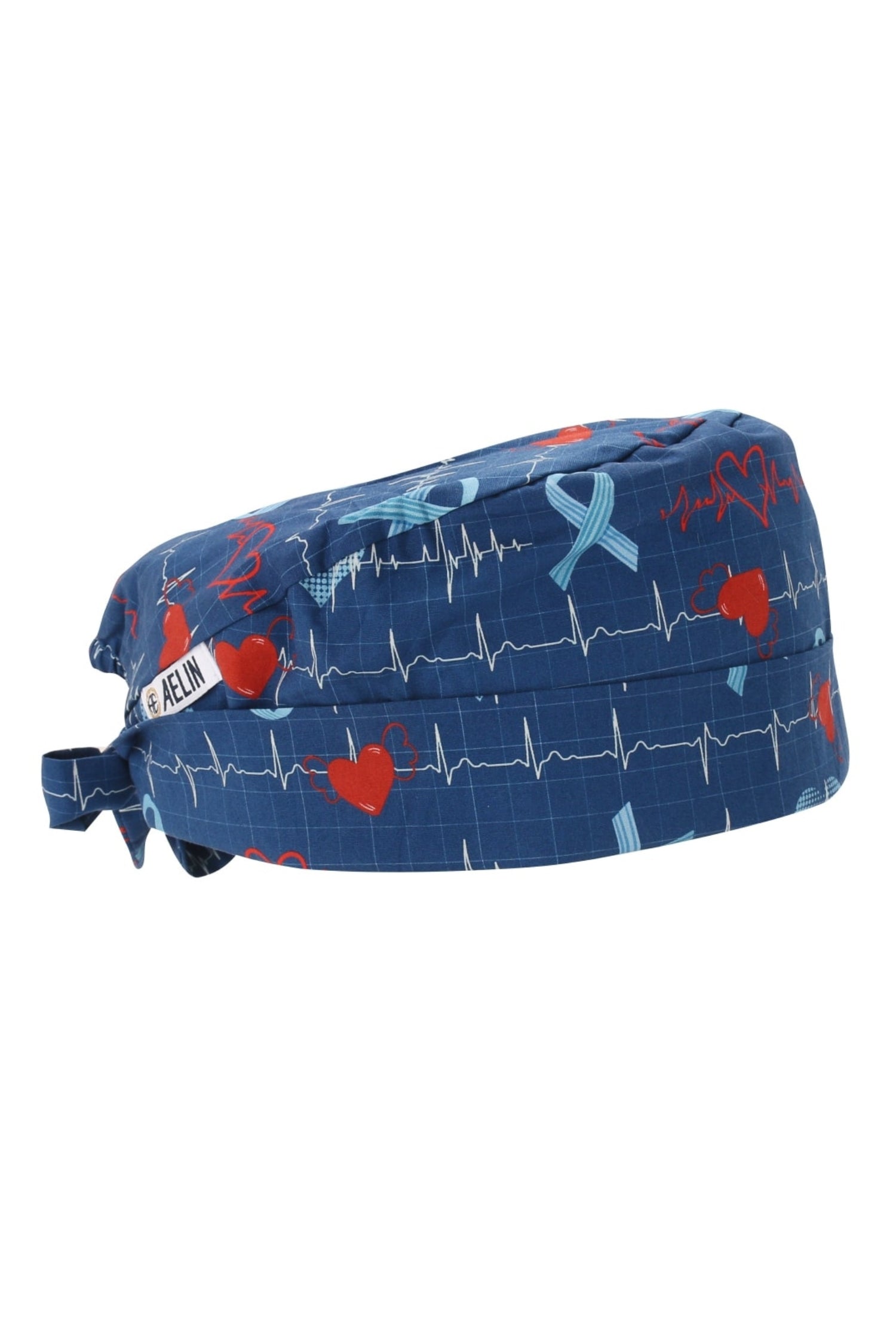 Calot médical bleu et rouge avec motif ECG - Calot Infirmière – Bleu imprimé ECG – Couvrant