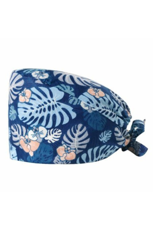 Calot médical bleu marine avec motifs de fleurs et feuilles, s’adapte parfaitement