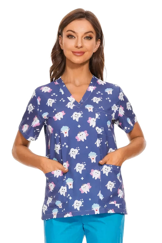 Blouse médicale bleu indigo à manches courtes avec motif éléphant pour tenues médicales