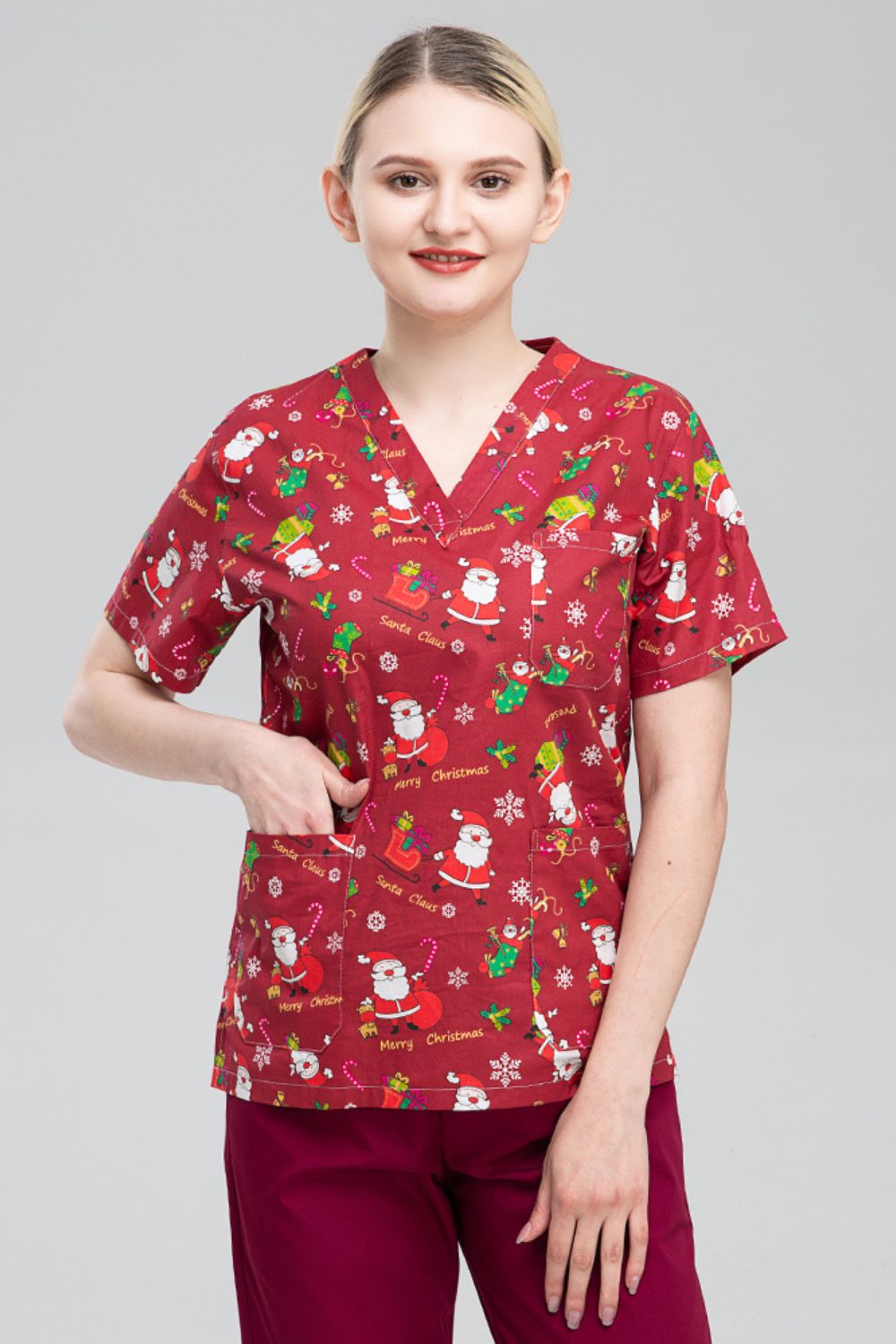 Blouse médicale unisexe - Rouge imprimé père Noël