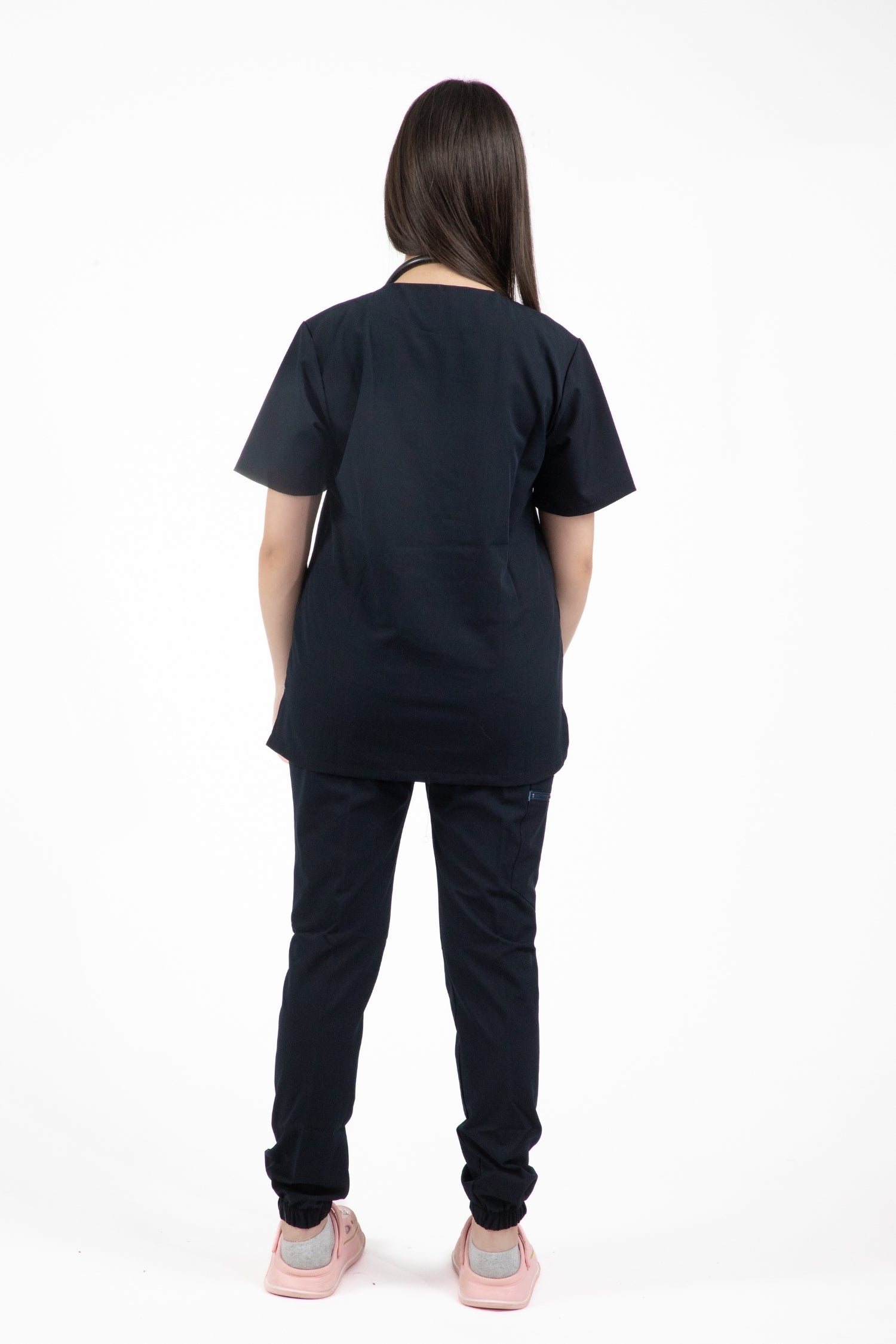 Vue de dos femme en uniforme médical noir Slimfit NEW - Tenue médicale - Bleu marine